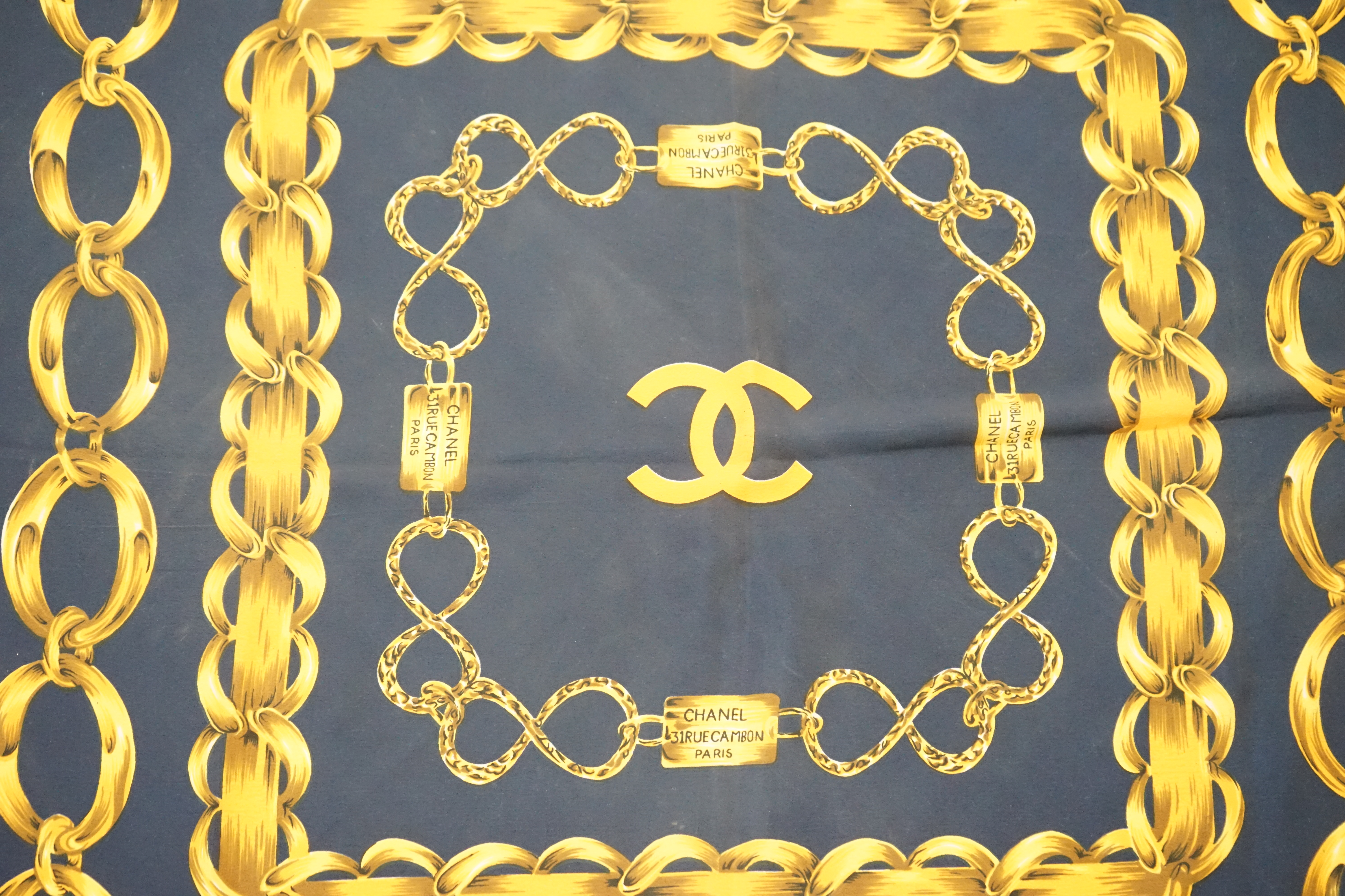 A Chanel Blue Chain large silk scarf, 80cm x 80cm